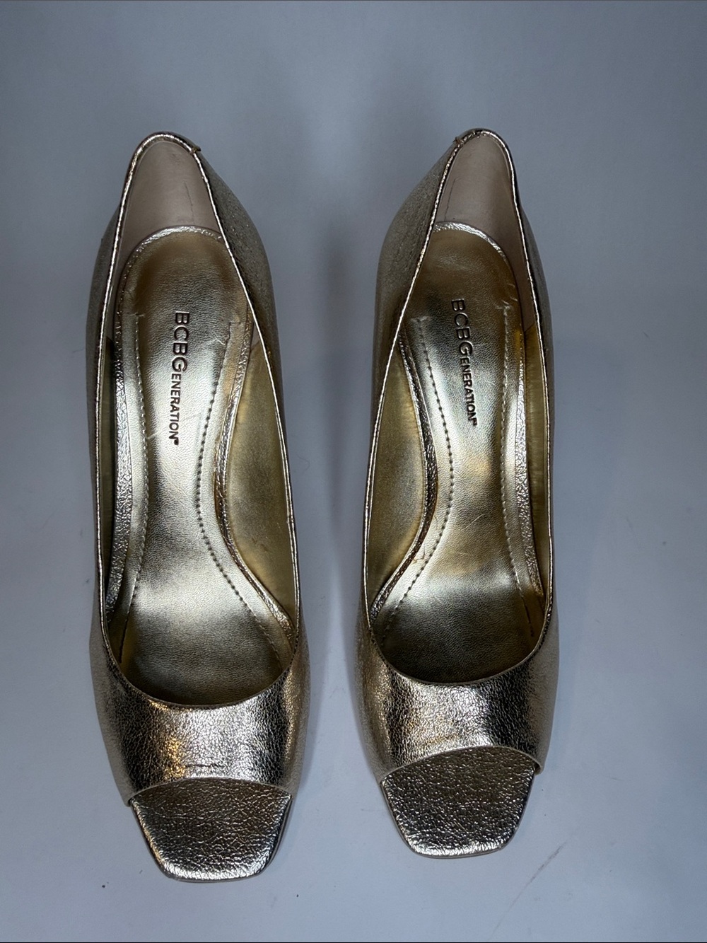 BCBGeneration Gold Metallic Peep-Toe Heels
